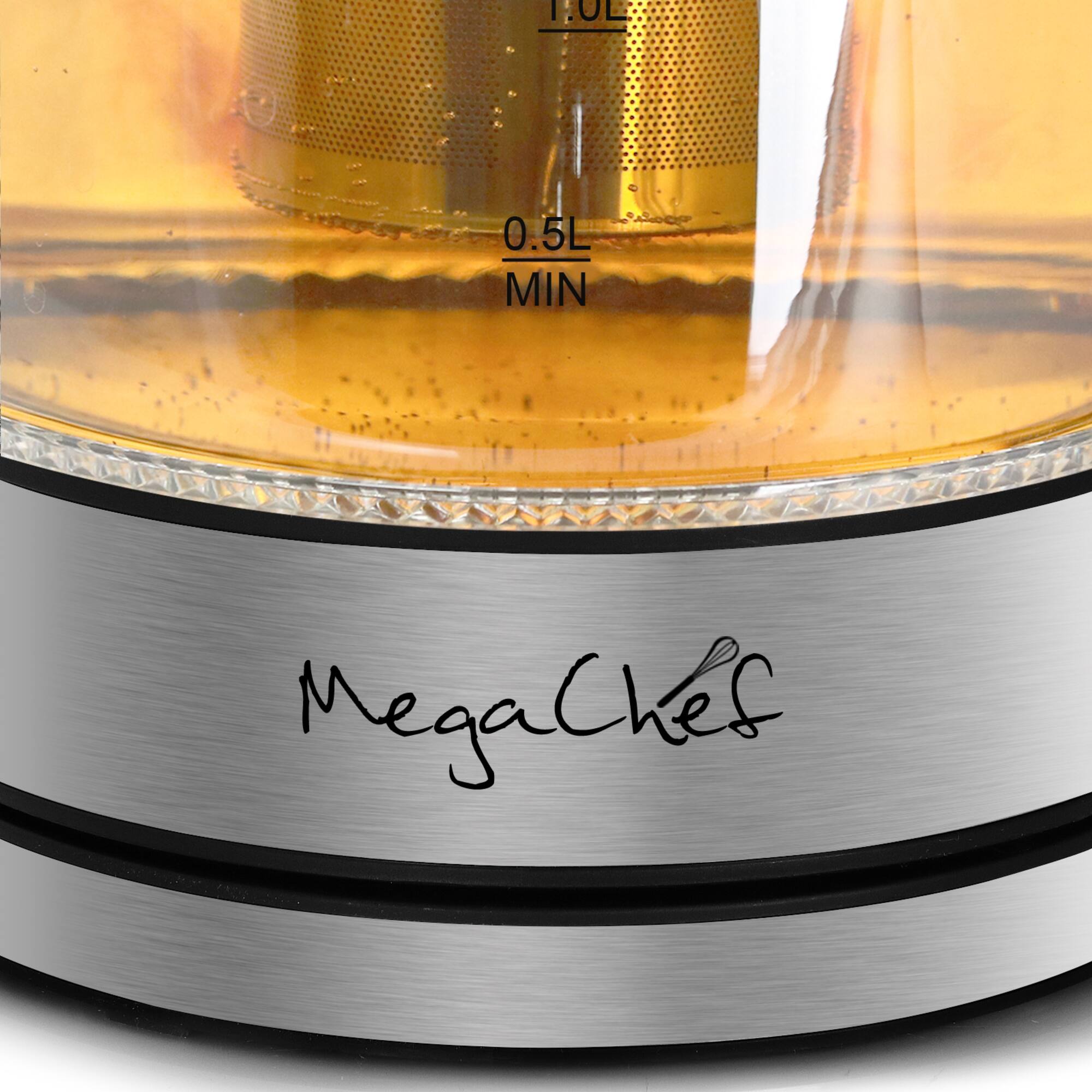 MegaChef 1.8L Cordless Glass & Stainless Steel Electric Tea Kettle with Tea Infuser